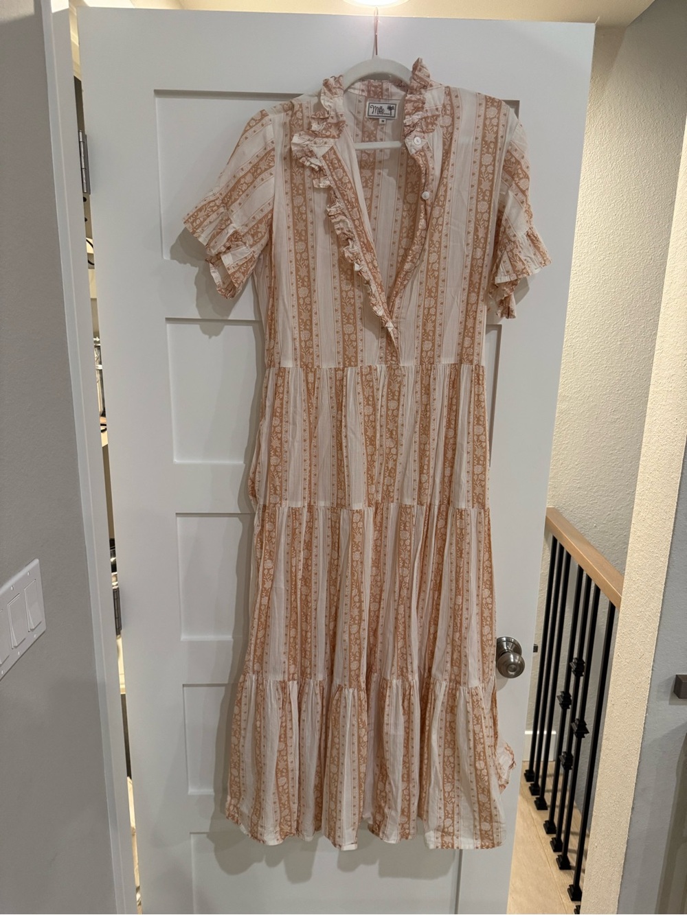 Mille Ruffle Midi Dress in Cream & Tan